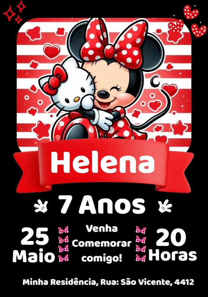 Convite de Aniversário Minnie e Hello Kitty para Editar Online