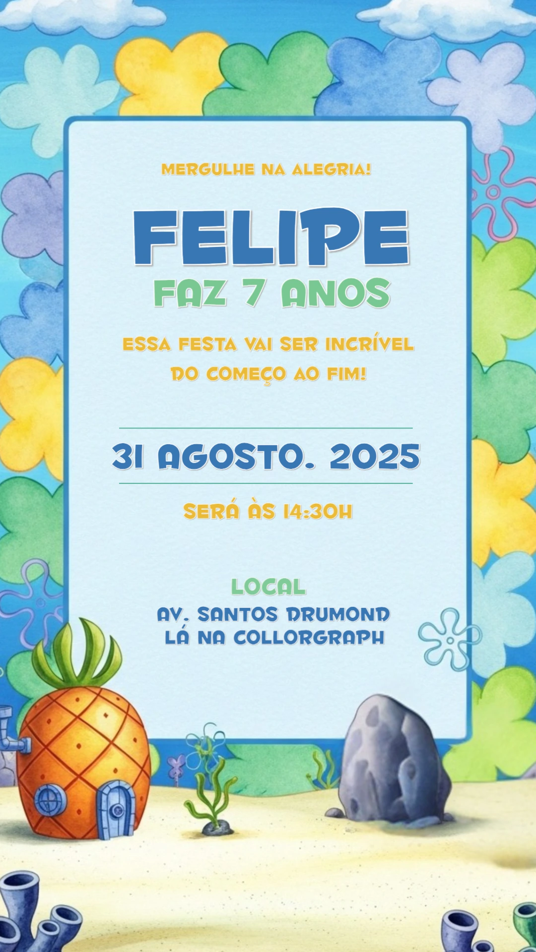 Convite Aniversário Bob Esponja para Editar Online