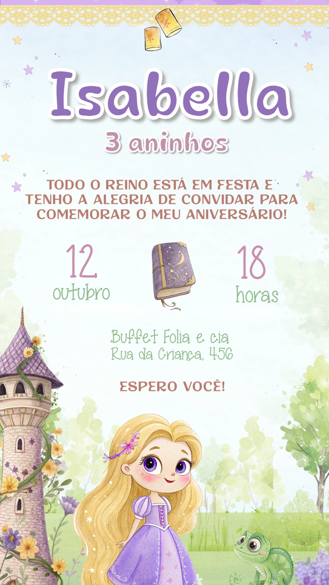 Convite Aniversário Rapunzel Enrolados para Editar Online