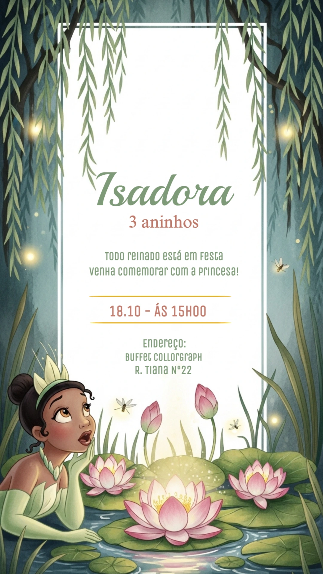 Convite Aniversário Princesa Tiana para Editar Online