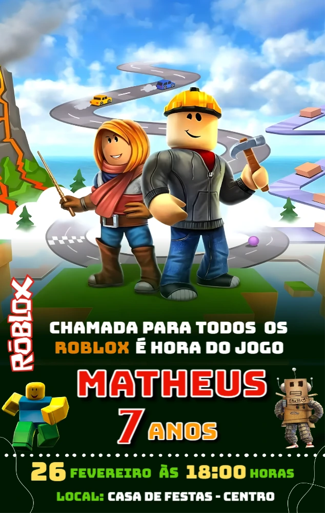 Convite Digital Roblox: Modelo de Aniversário Infantil Editável