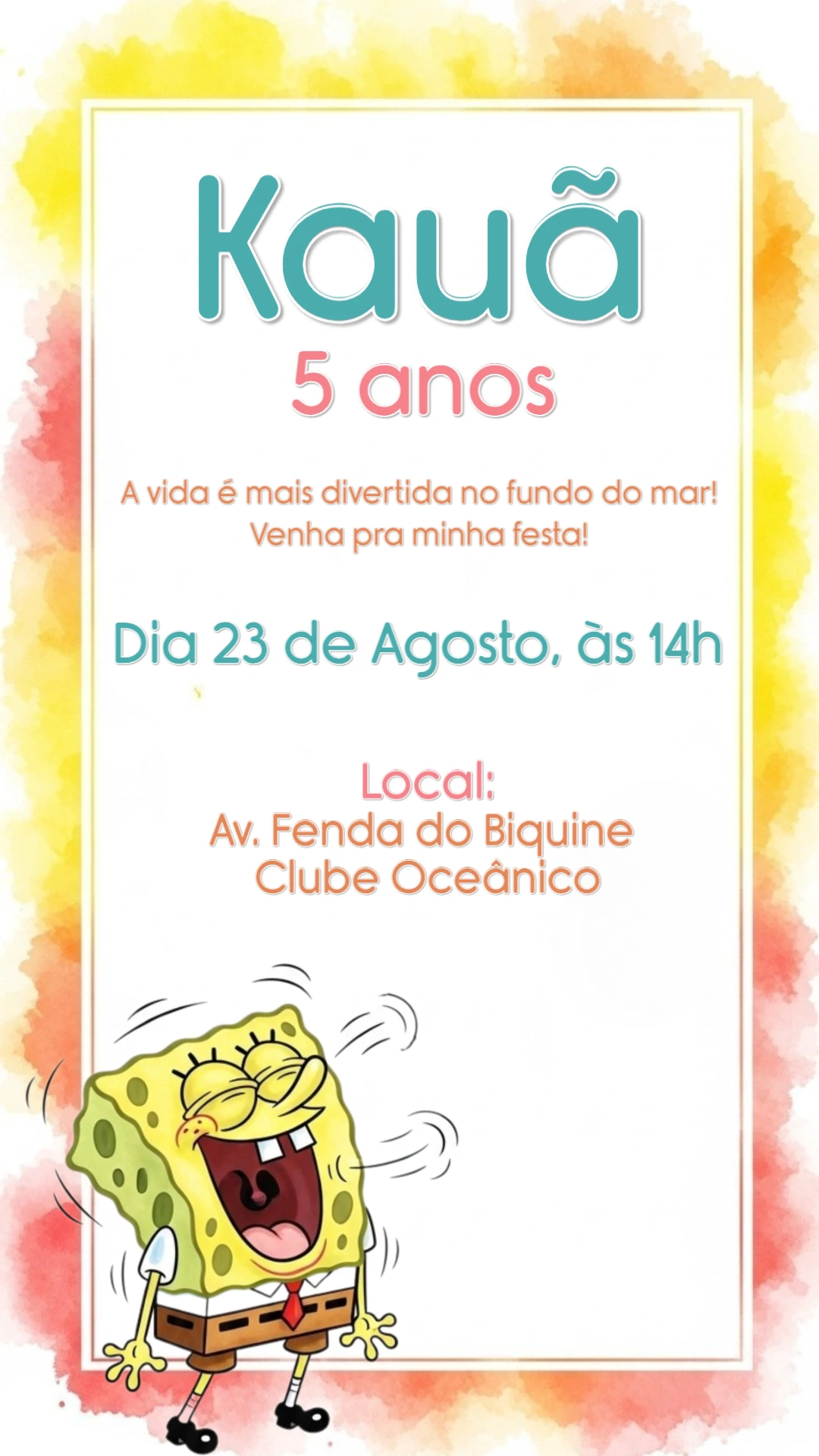 Convite de Aniversário Bob Esponja para Editar Online