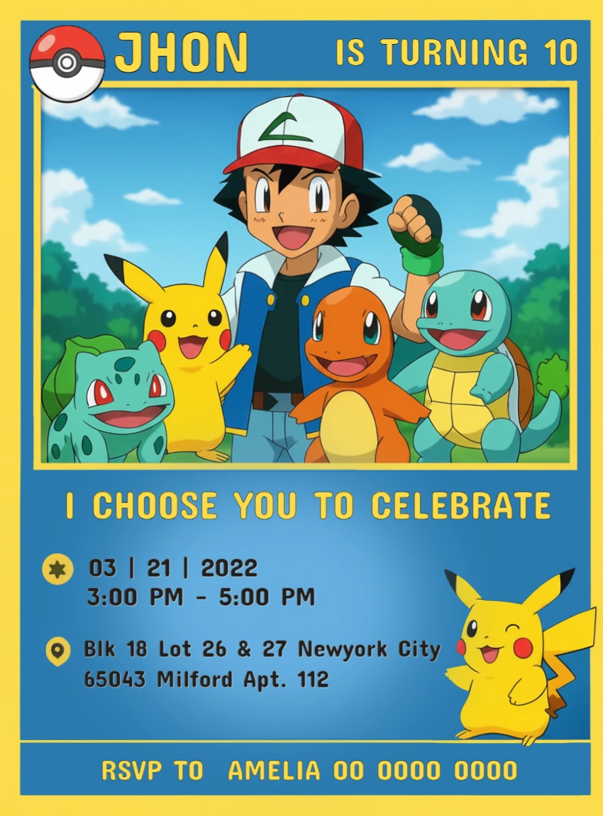 Pokémon Birthday Invitation with Characters to Edit Online