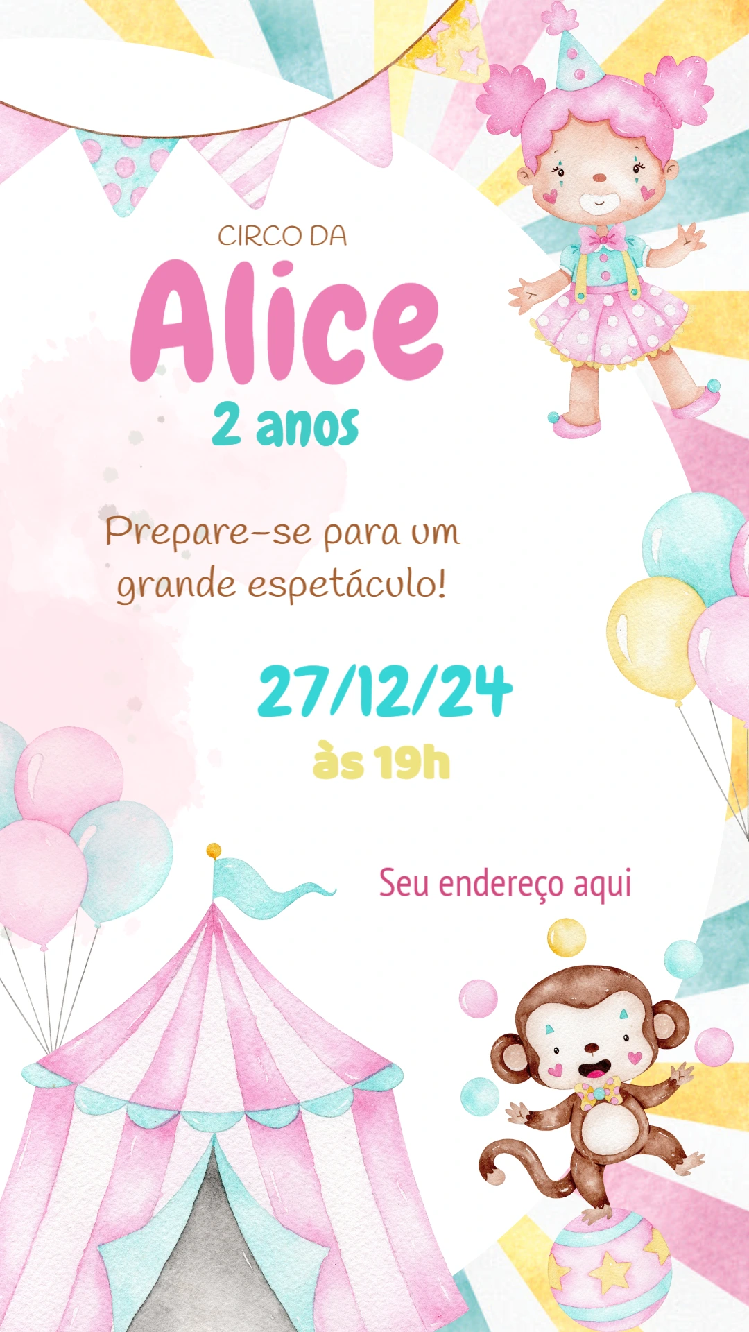 Convite Aniversário Circo Aquarela para Editar Online