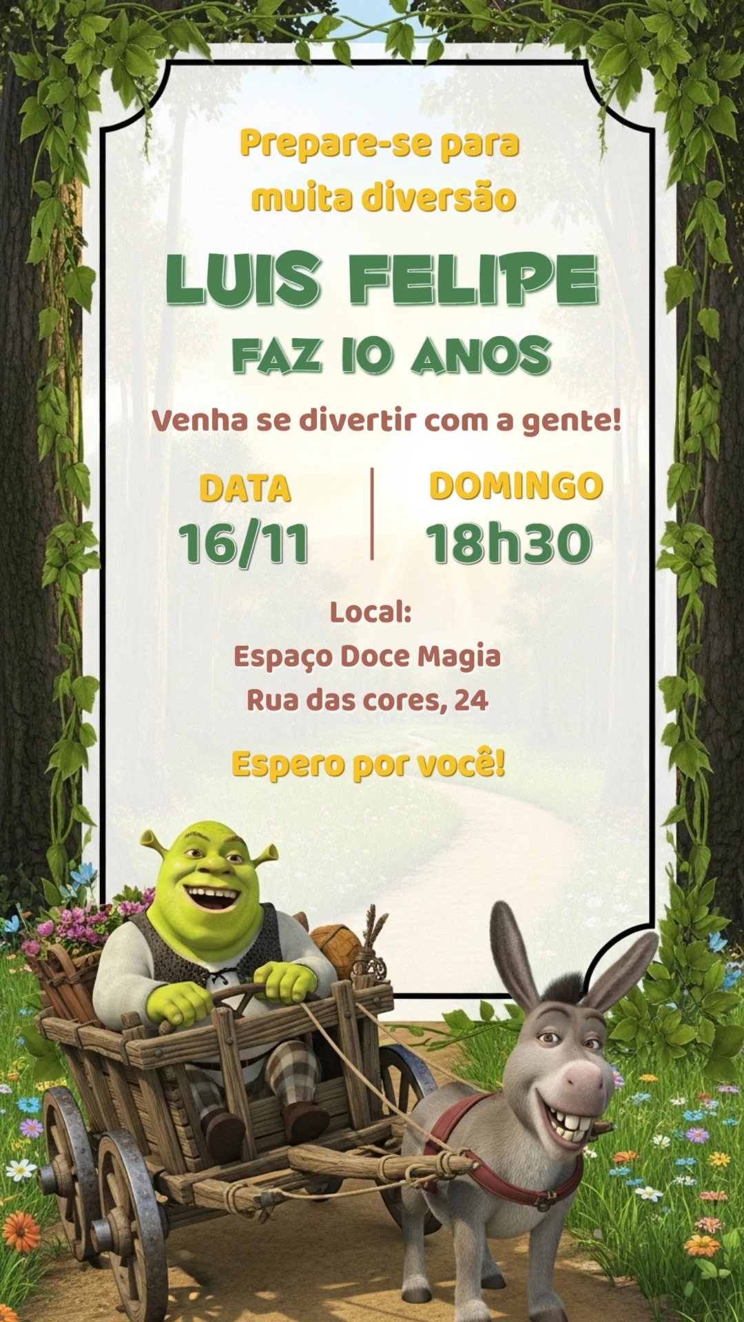 Convite de Aniversário Shrek Editável Online para Imprimir