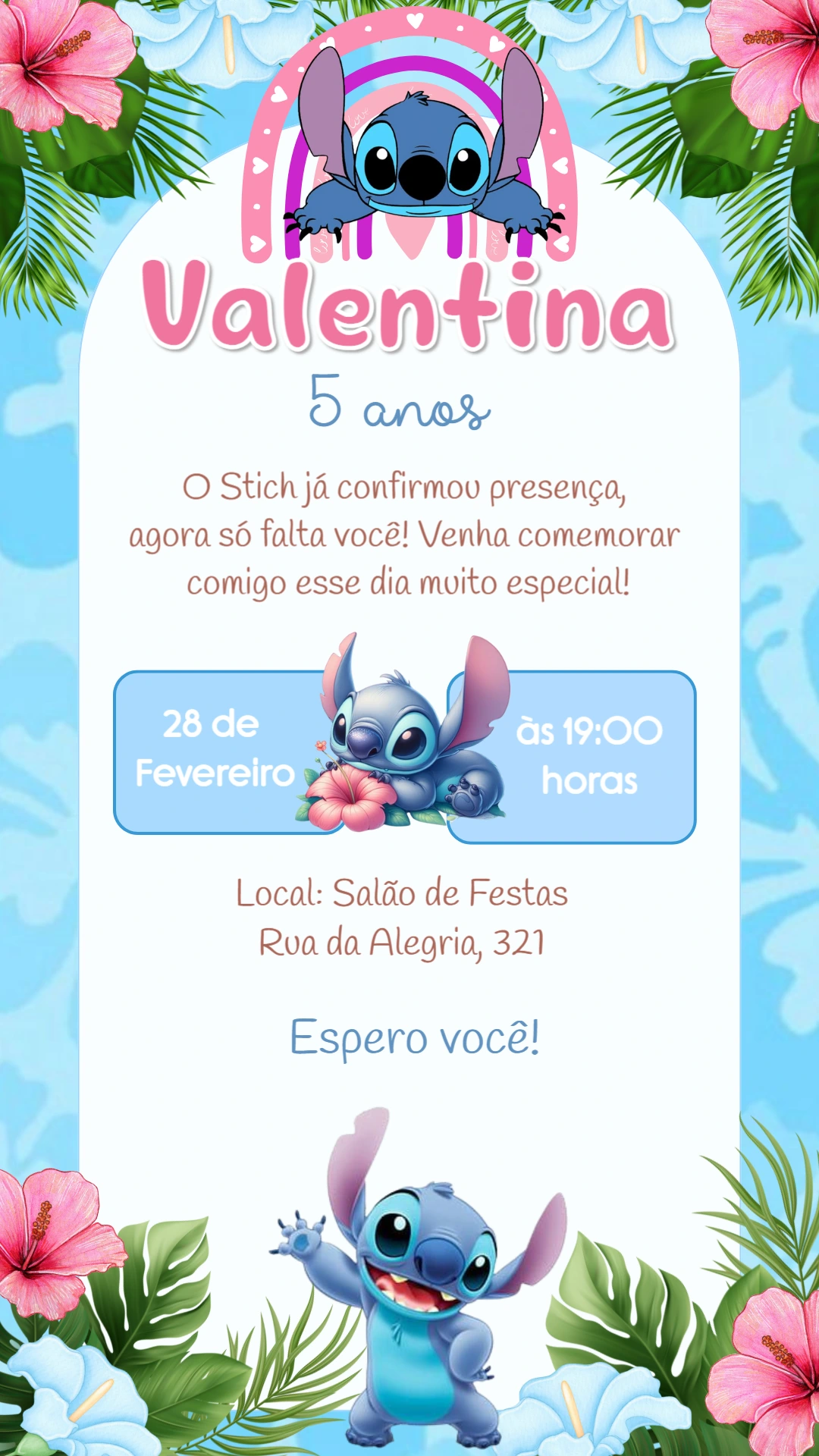 Convite Aniversário Stitch Tropical para Editar Online