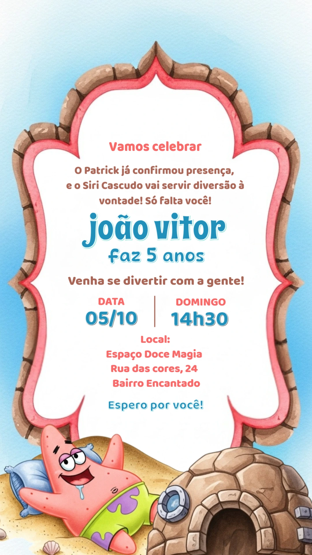 Convite Aniversário Bob Esponja e Patrick para Editar Online