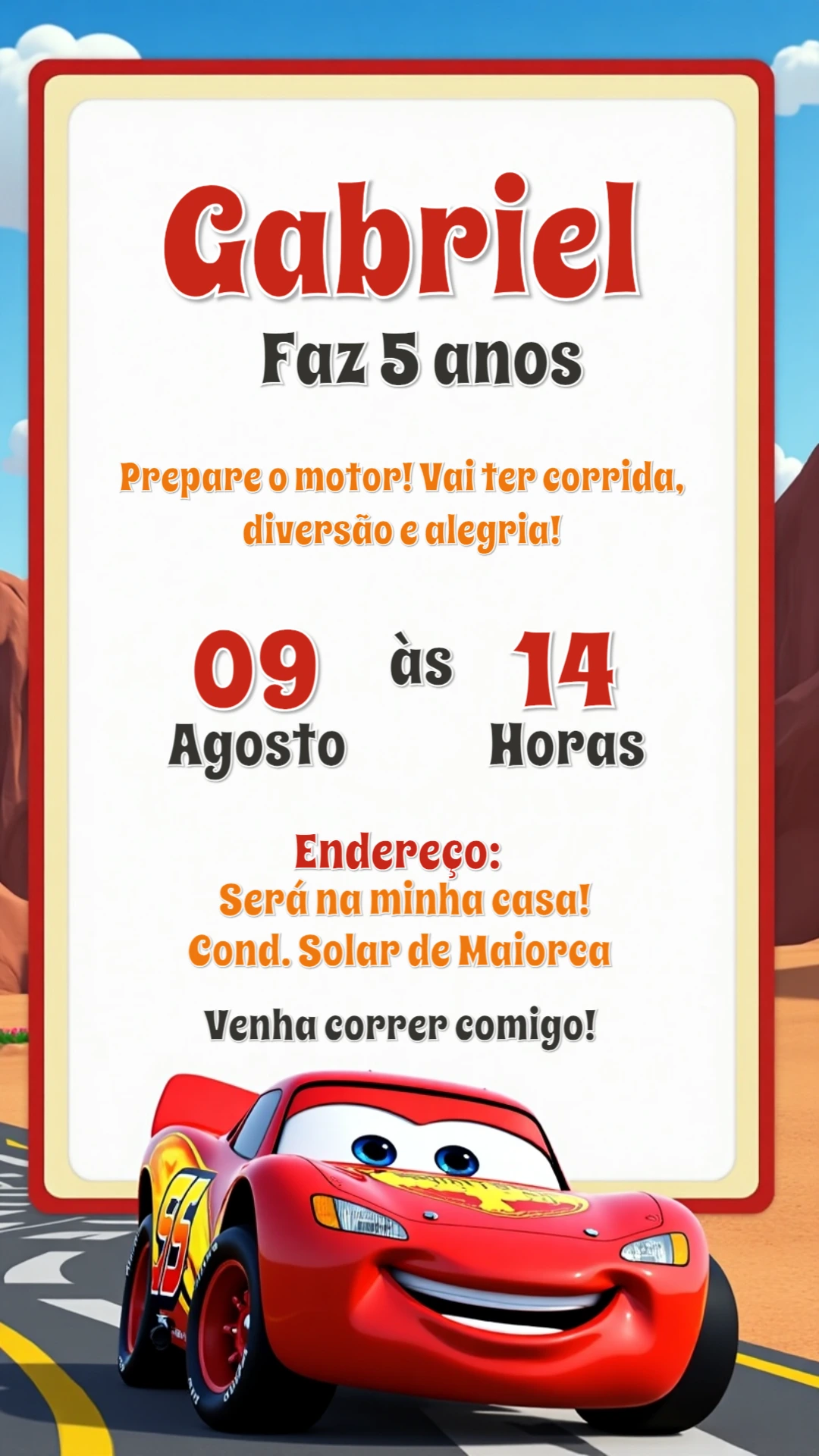 Convite Aniversário Carros Relâmpago McQueen Editável Online