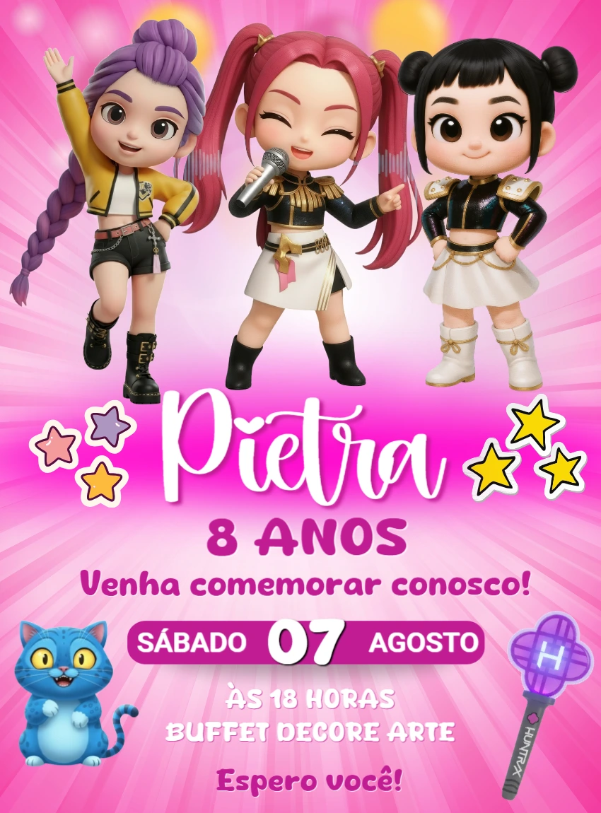 Convite Aniversário K-pop Meninas Guerreiras para Editar Online