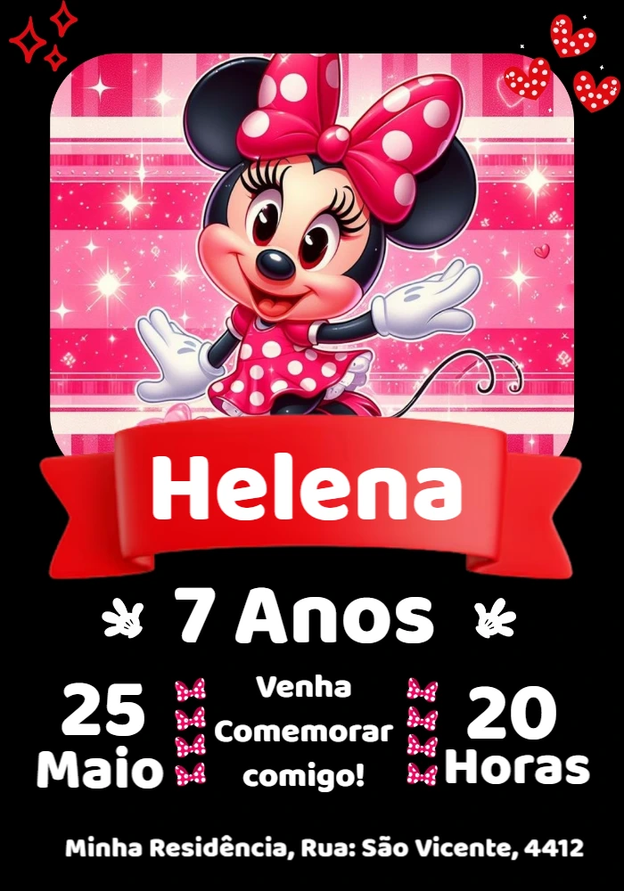 Convite Aniversário Minnie Mouse Rosa para Editar Online