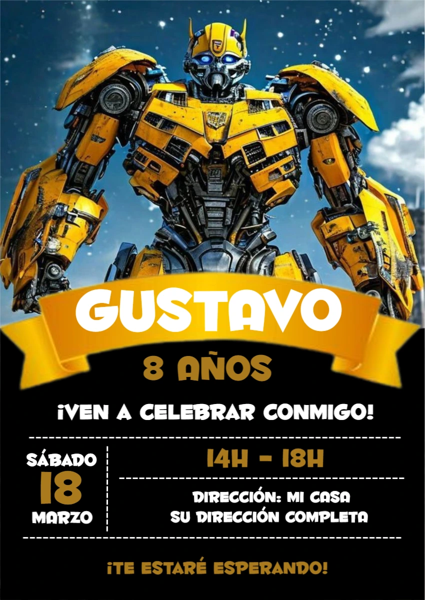 Invitación de Cumpleaños de Transformers Bumblebee para Editar