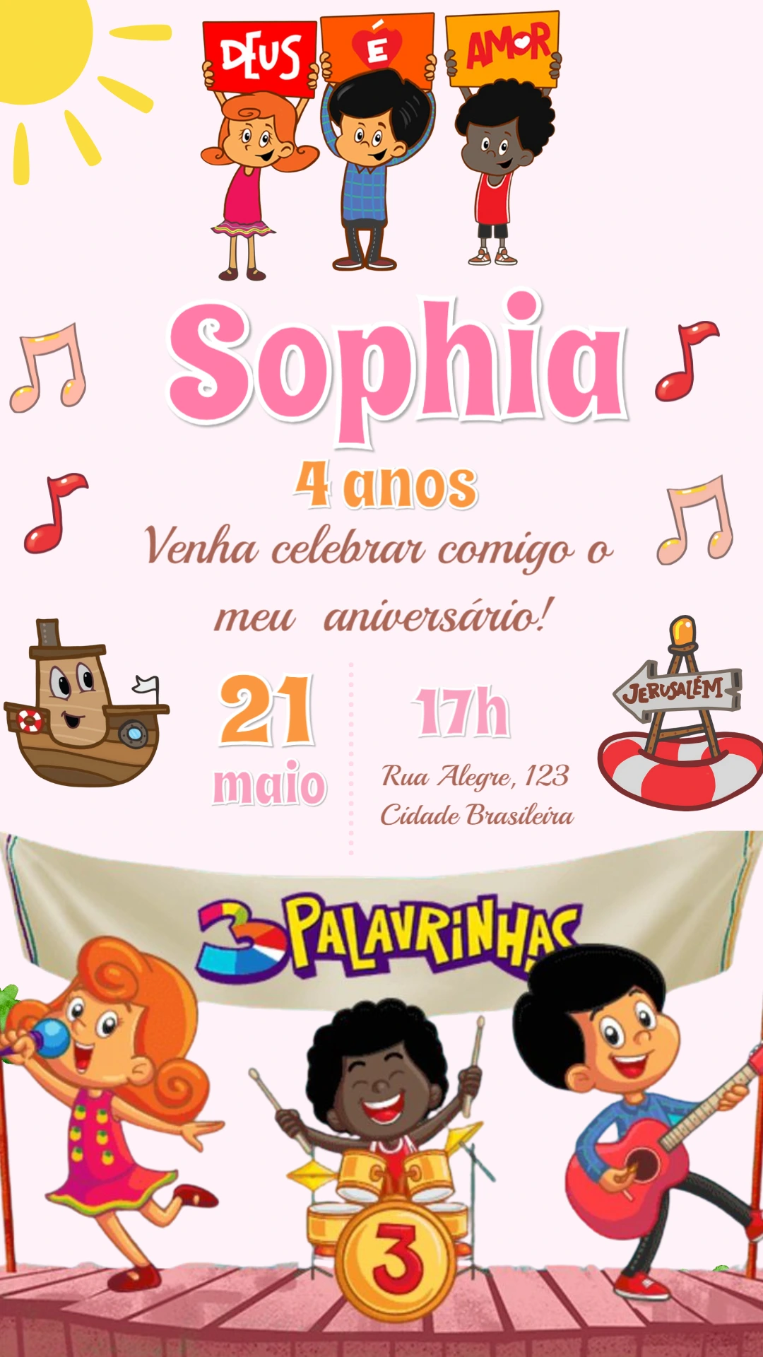 Convite de Aniversário 3 Palavrinhas Editável Online