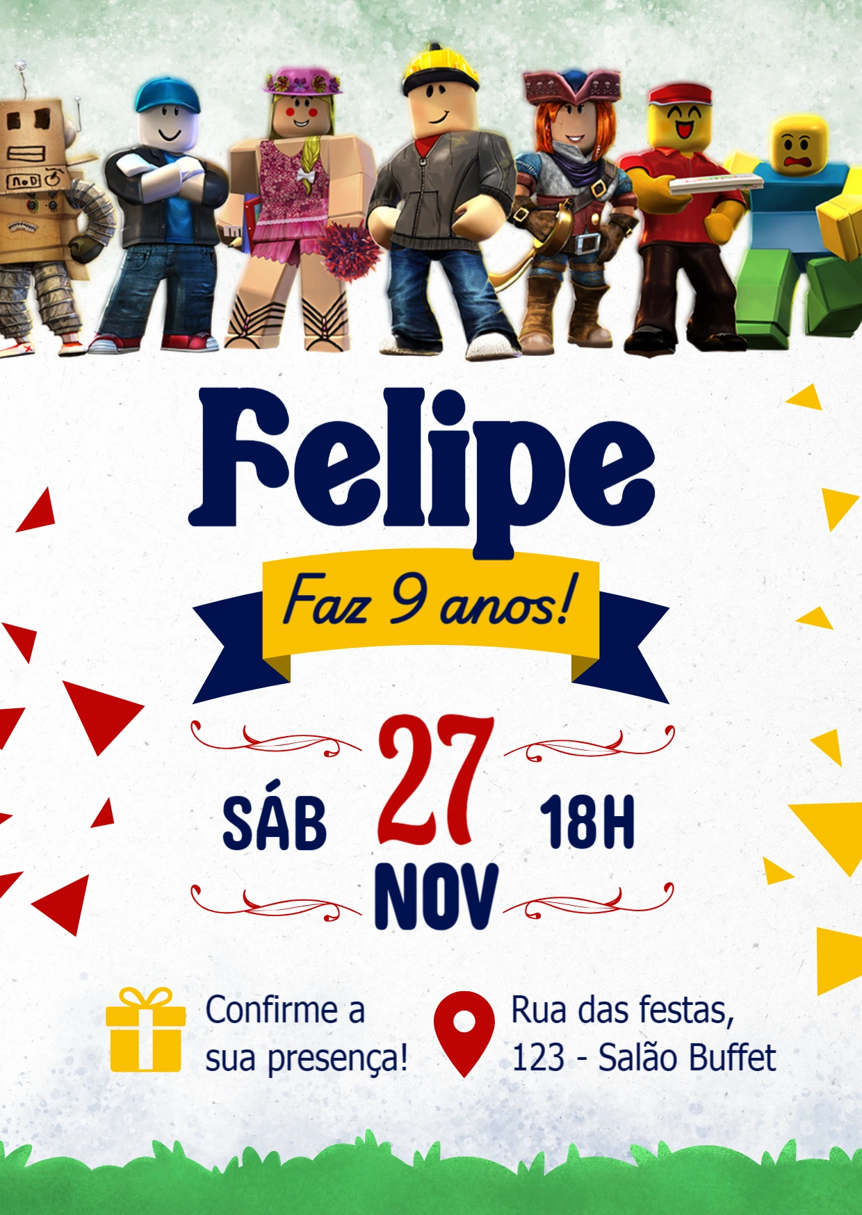 Convite de Aniversário Roblox com Personagens para Editar