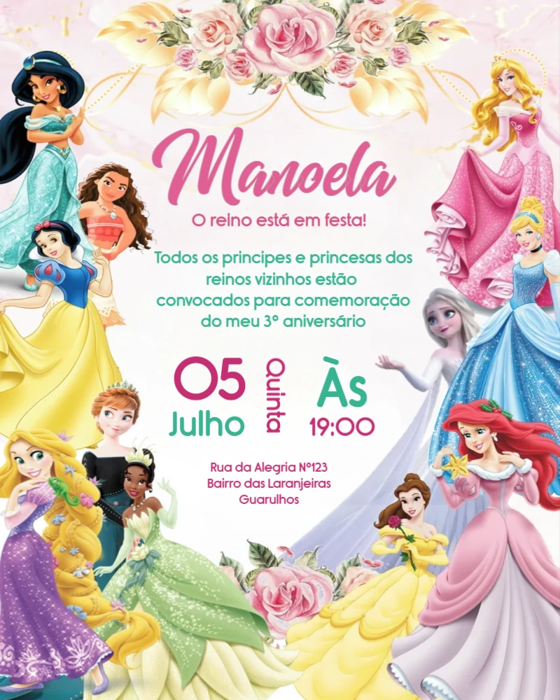 Convite de Aniversário Princesas Disney Rosa e Dourado Editável