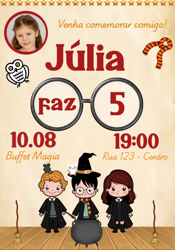 Convite Aniversário Harry Potter com Foto para Editar Online