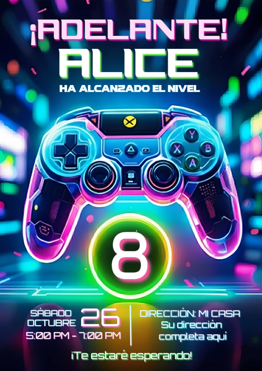 Invitación de Cumpleaños Gamer Neón para Editar y Compartir