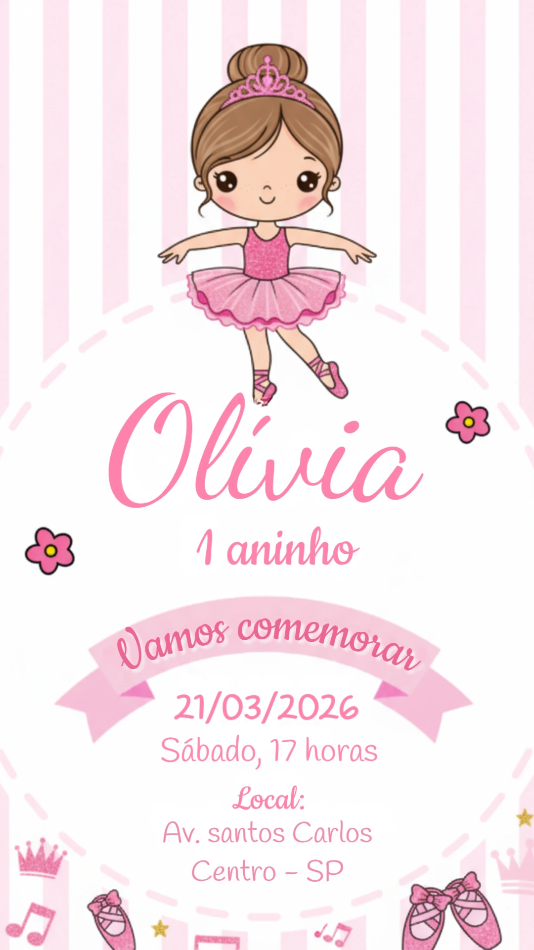 Convite de Aniversário Bailarina Rosa Delicado para Editar