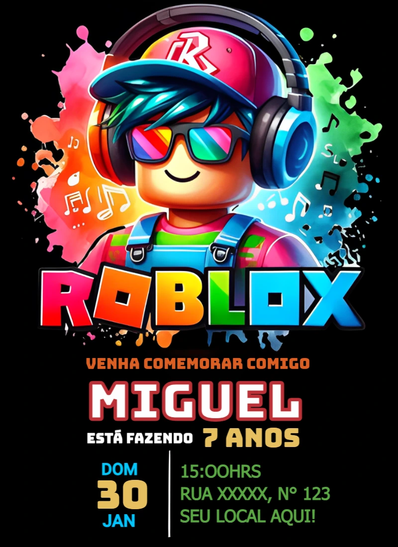 Convite de Aniversário Roblox com Personagem para Editar Online