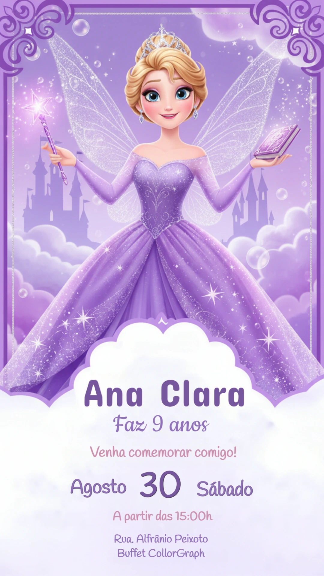 Convite Aniversário Infantil Princesa Fada Lilás Editável