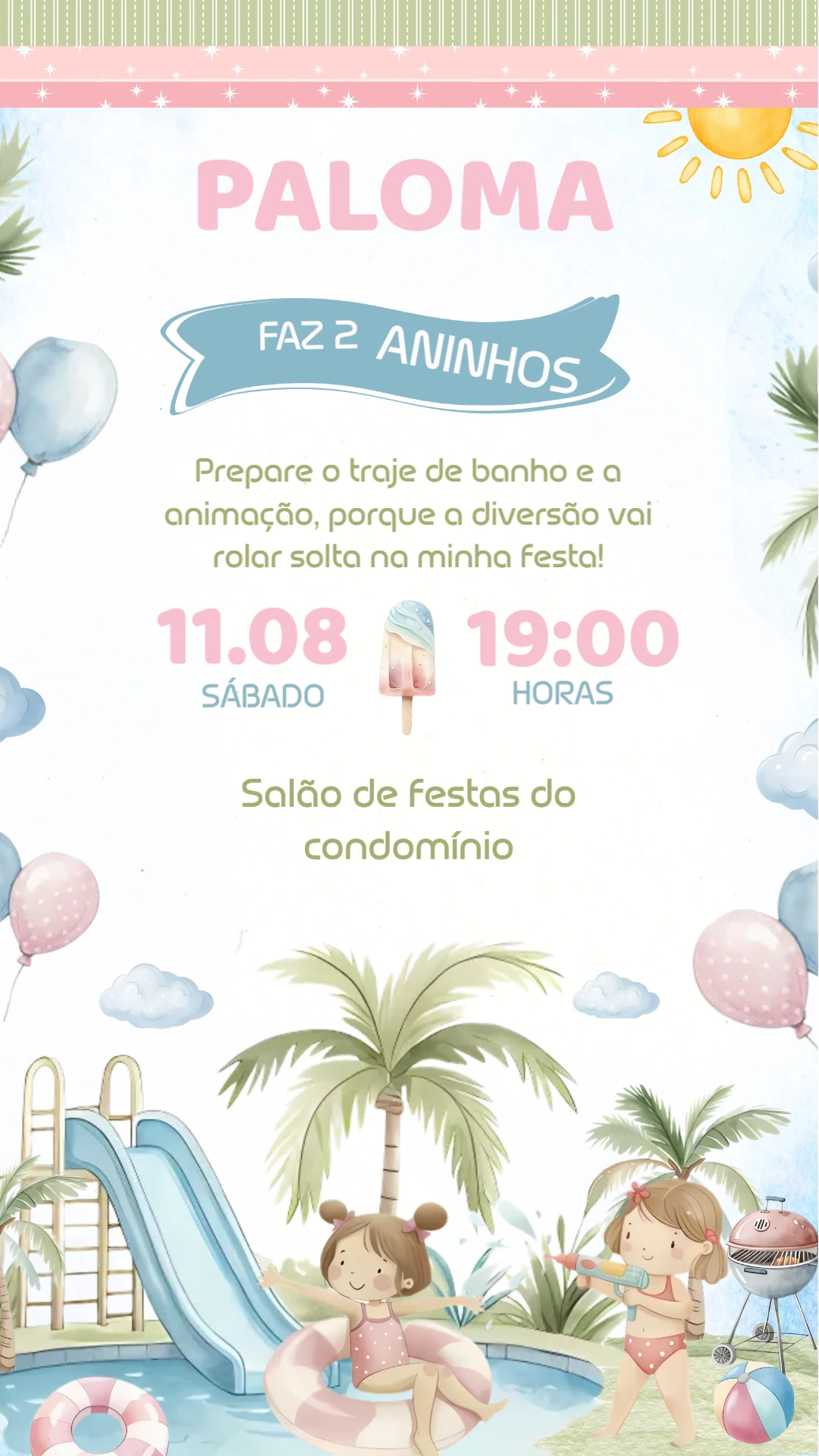 Convite de Aniversário Pool Party Menina para Editar Online