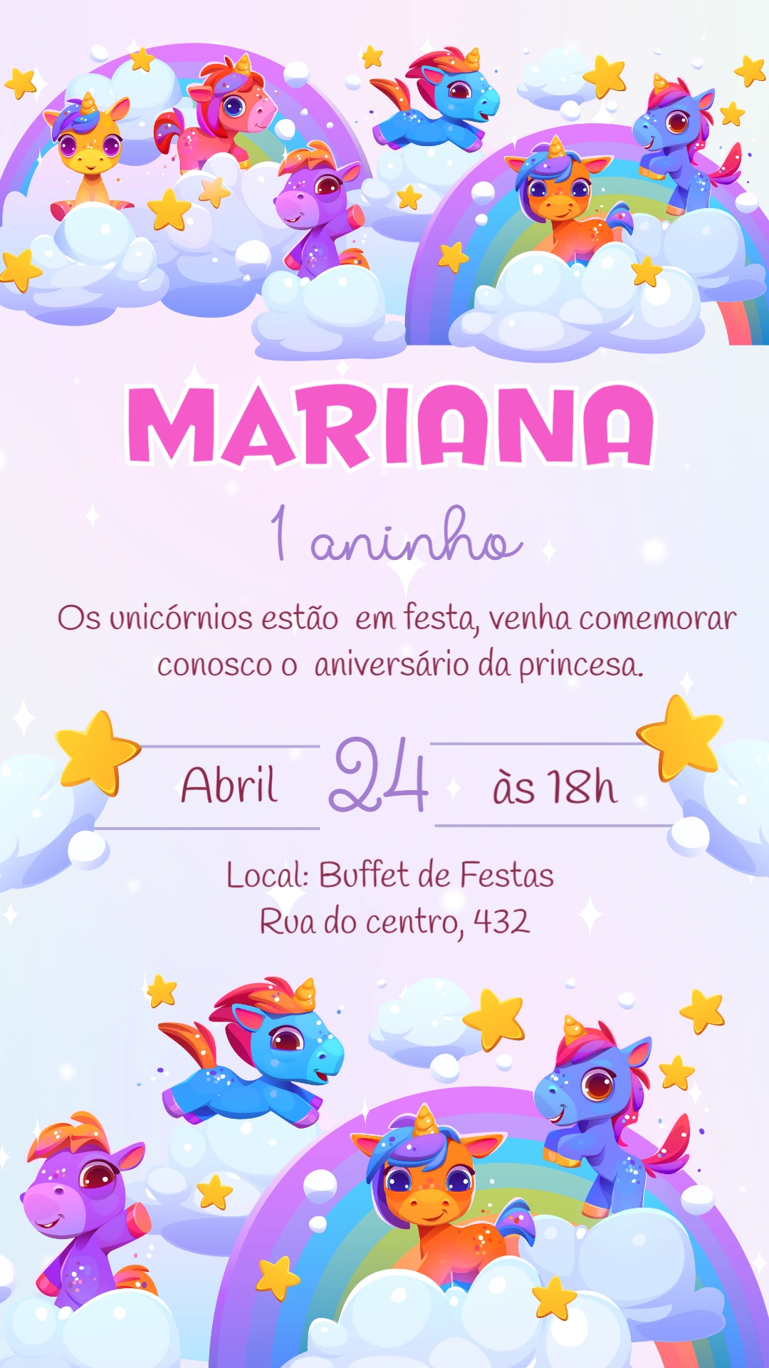 Convite de Aniversário Unicórnio Fofo para Editar Online