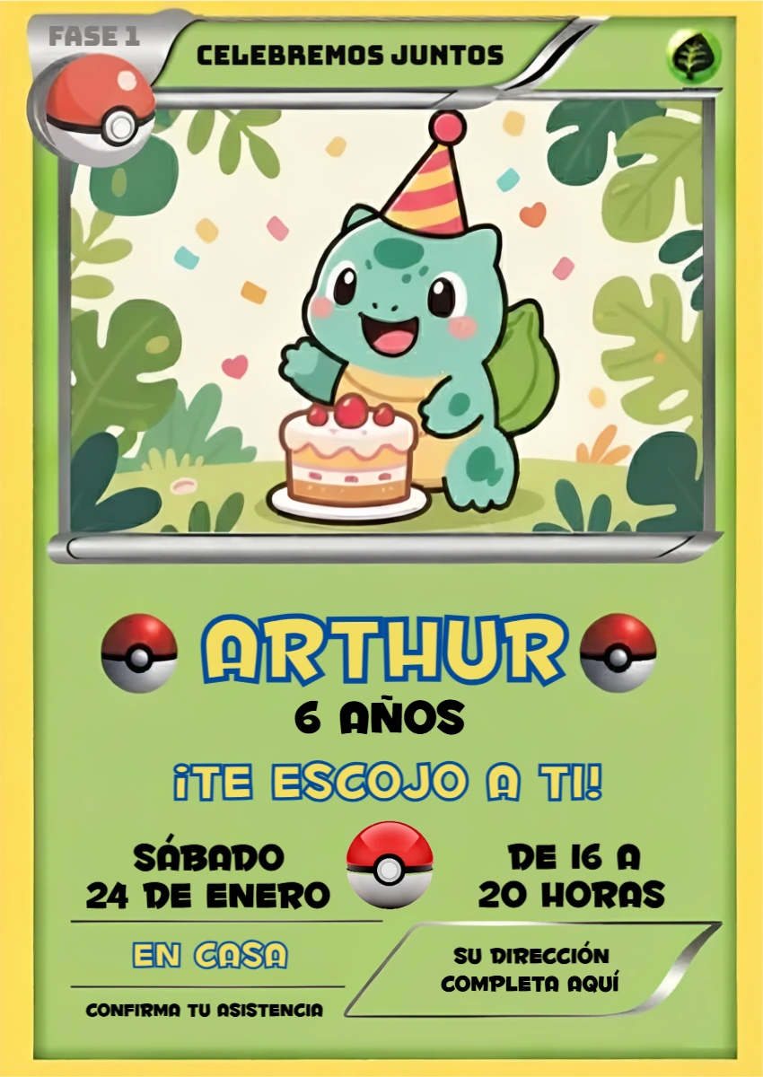 Invitación de Cumpleaños Pokémon Bulbasaur Estilo Carta Editable