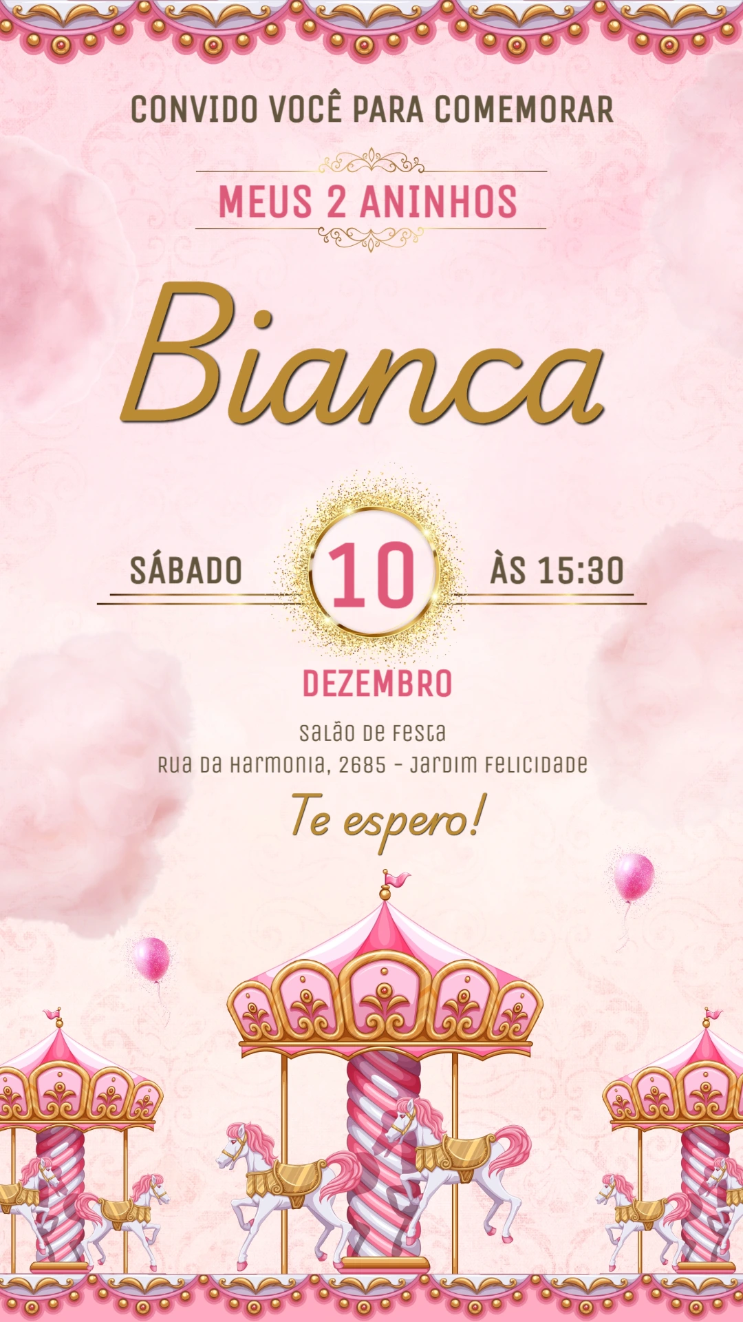 Convite Aniversário Carrossel Rosa para Editar Online