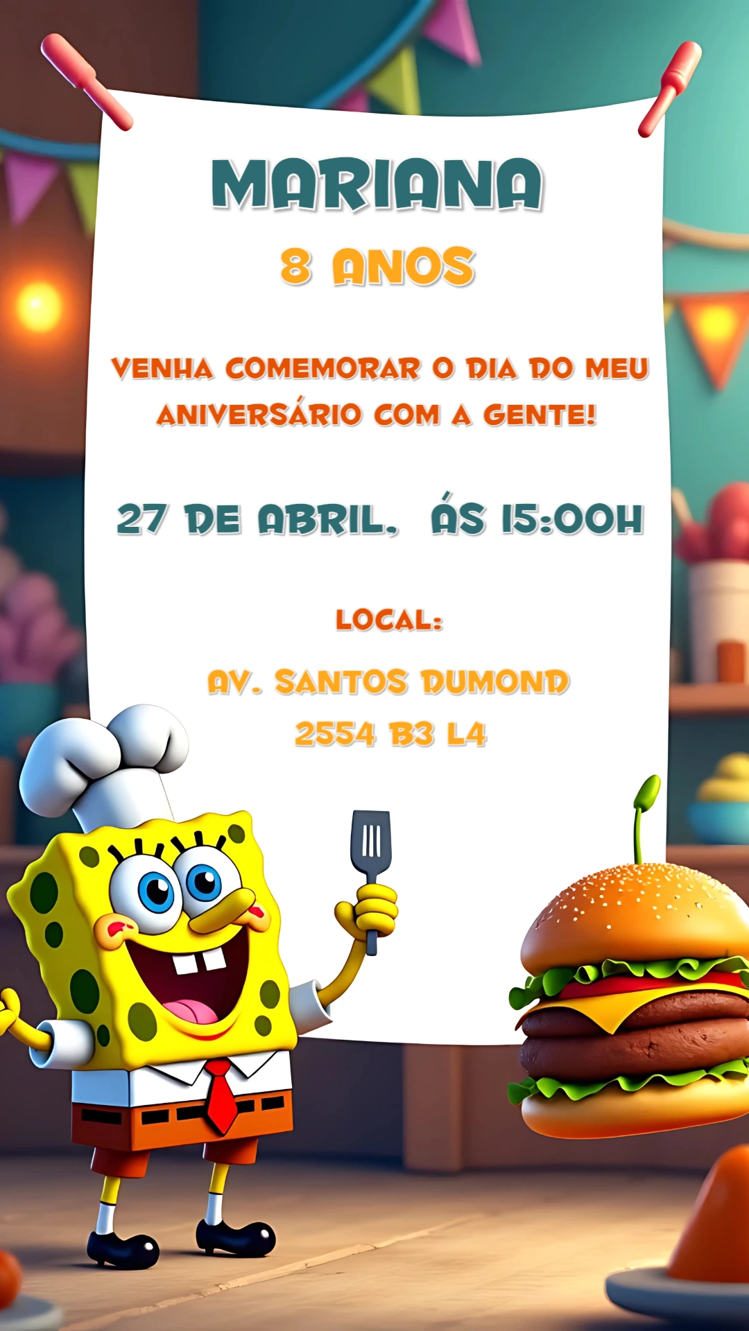 Convite de Aniversário Bob Esponja para Editar Online e Enviar