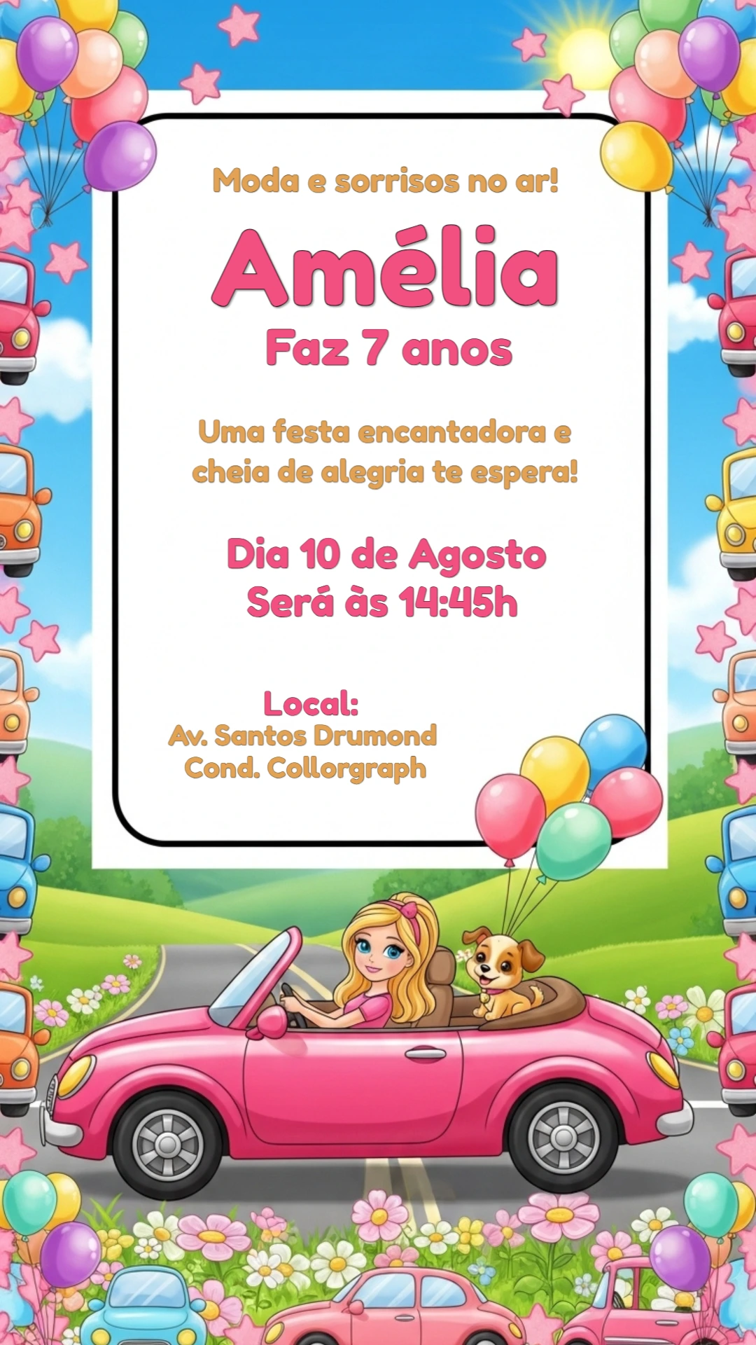 Convite Aniversário Polly Pocket com Carro Rosa para Editar Online