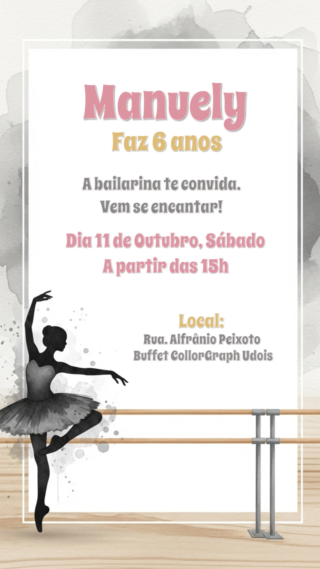 Convite Aniversário Bailarina Delicado para Editar Online