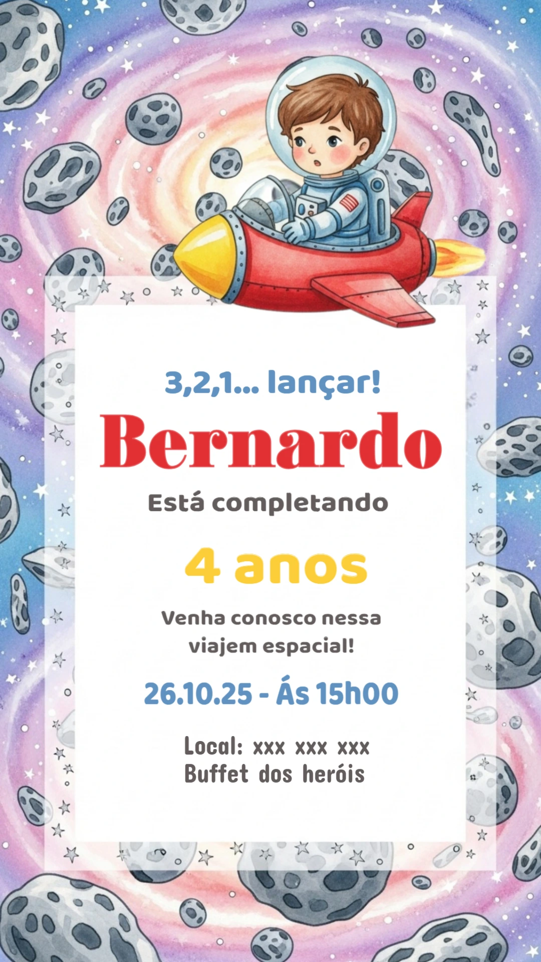 Convite de Aniversário Astronauta no Espaço para Editar Online