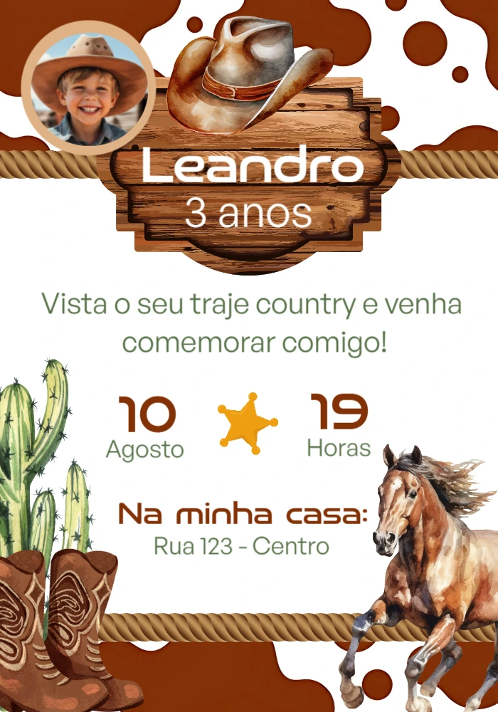Convite Aniversário Country com Foto para Editar Online