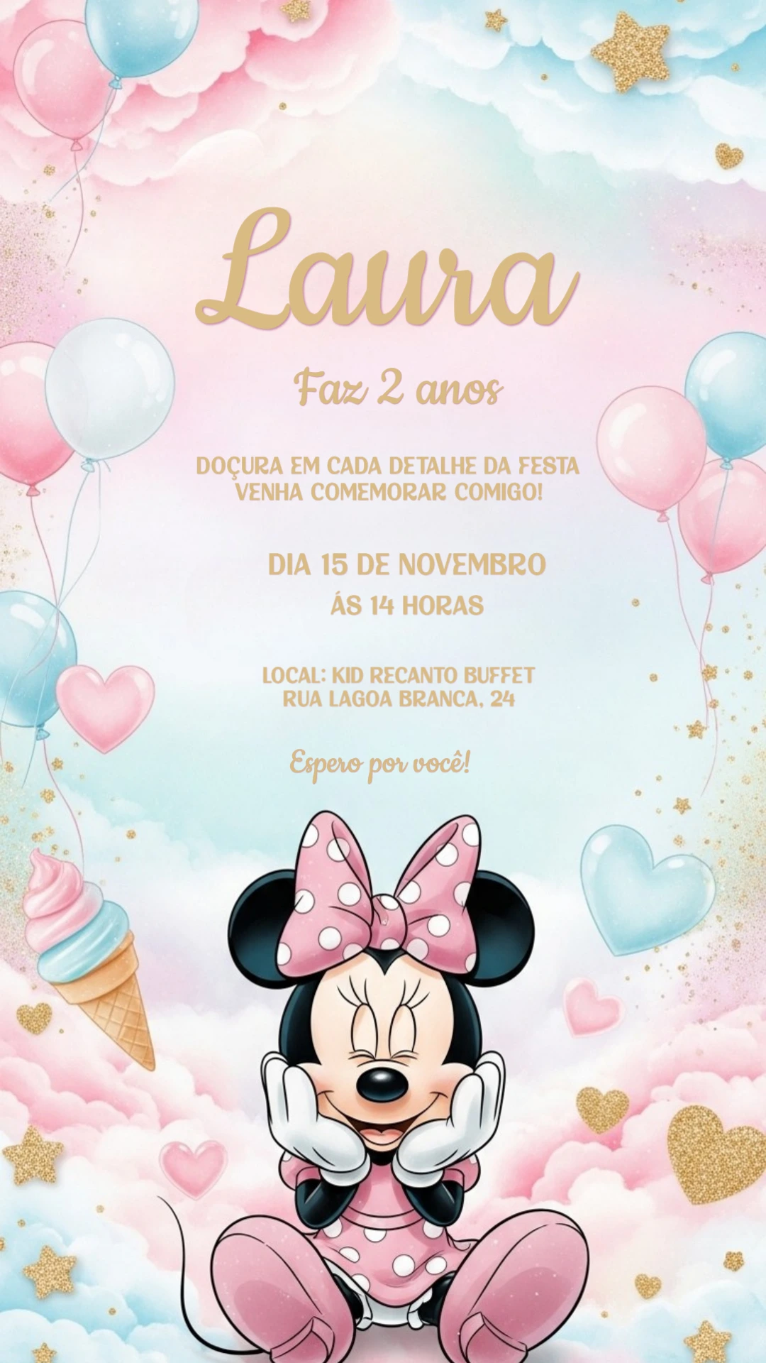 Convite Aniversário Minnie Mouse Rosa nas Nuvens para Editar