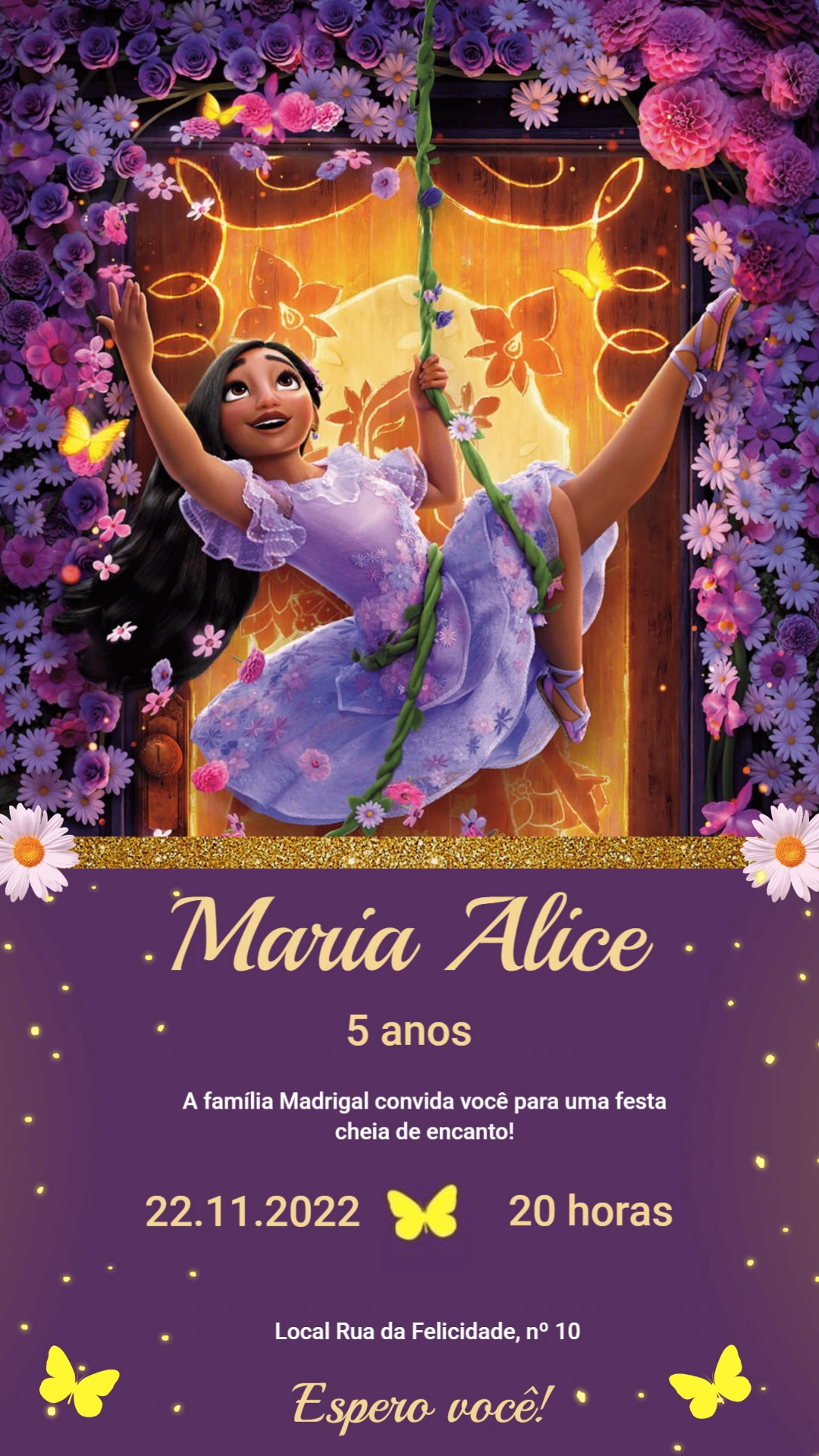 Convite Digital Aniversário Encanto Roxo e Floral Editável - Editor ...