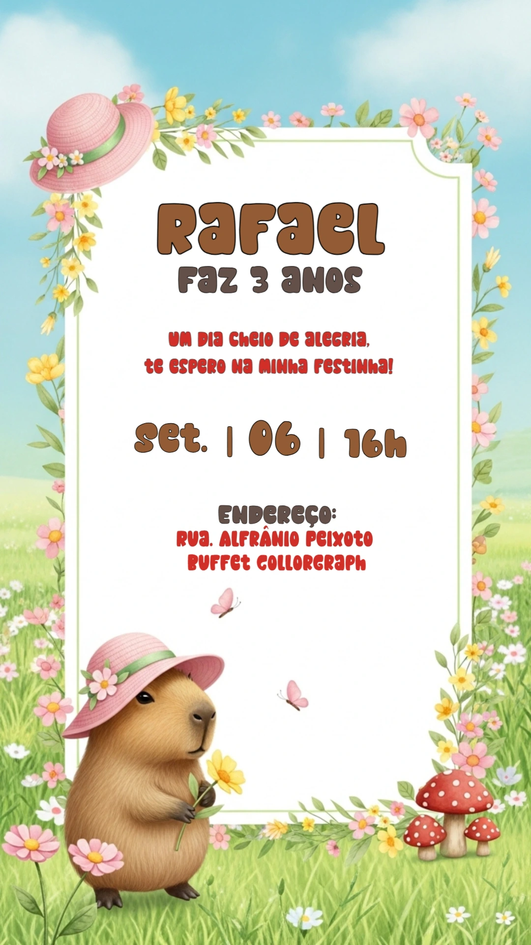 Convite de Aniversário Capivara Fofa para Editar Online