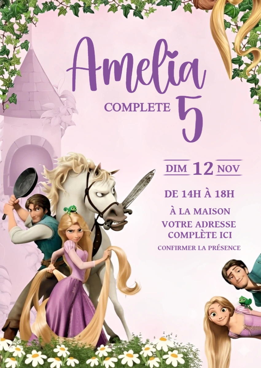 Invitation Anniversaire Raiponce Modèle Numérique à Personnaliser