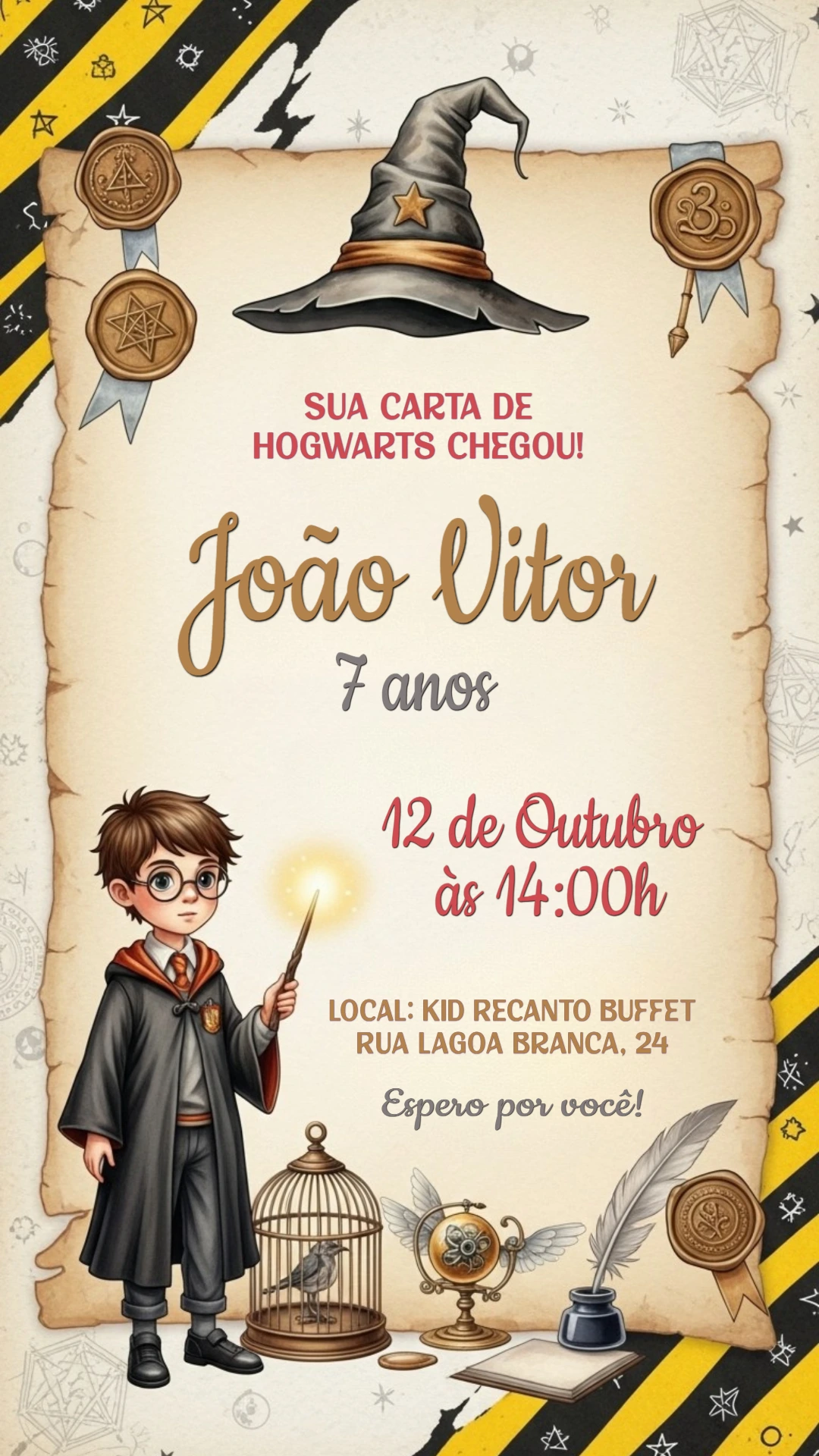Convite Aniversário Harry Potter com Elementos Mágicos para Editar