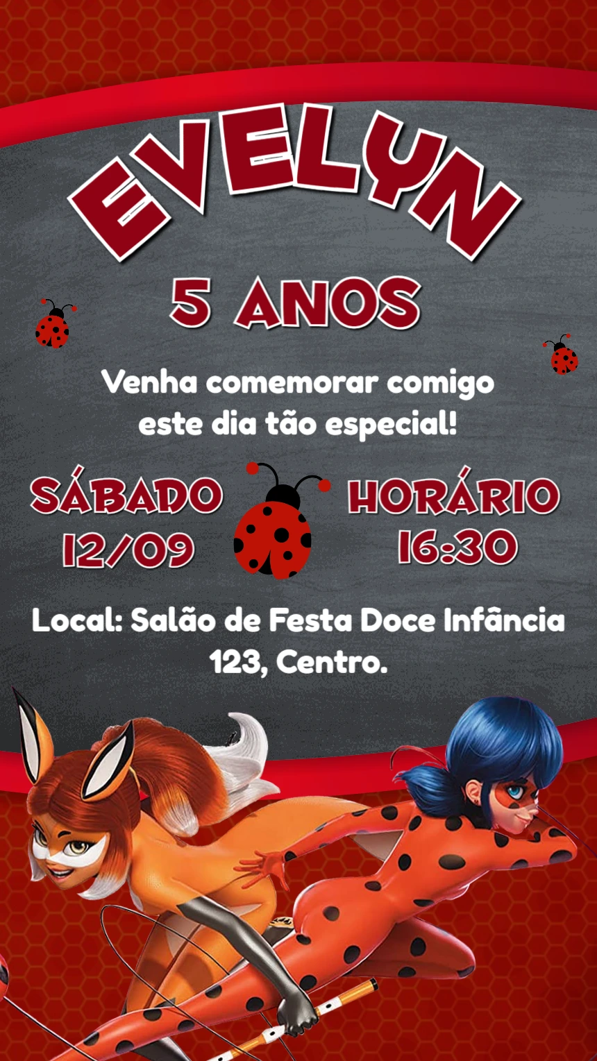 Convite Aniversário Ladybug e Rena Rouge para Editar Online