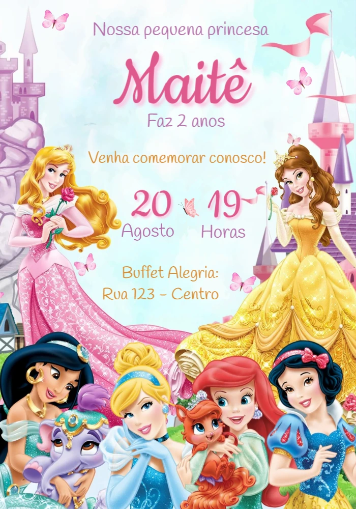Convite Aniversário Princesas da Disney para Editar Online