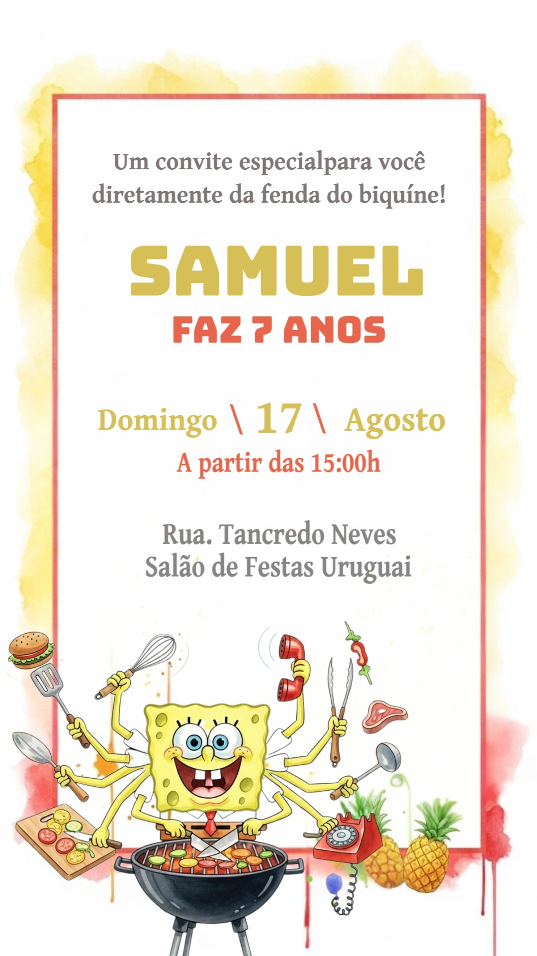 Convite Aniversário Bob Esponja Churrasco para Editar Online