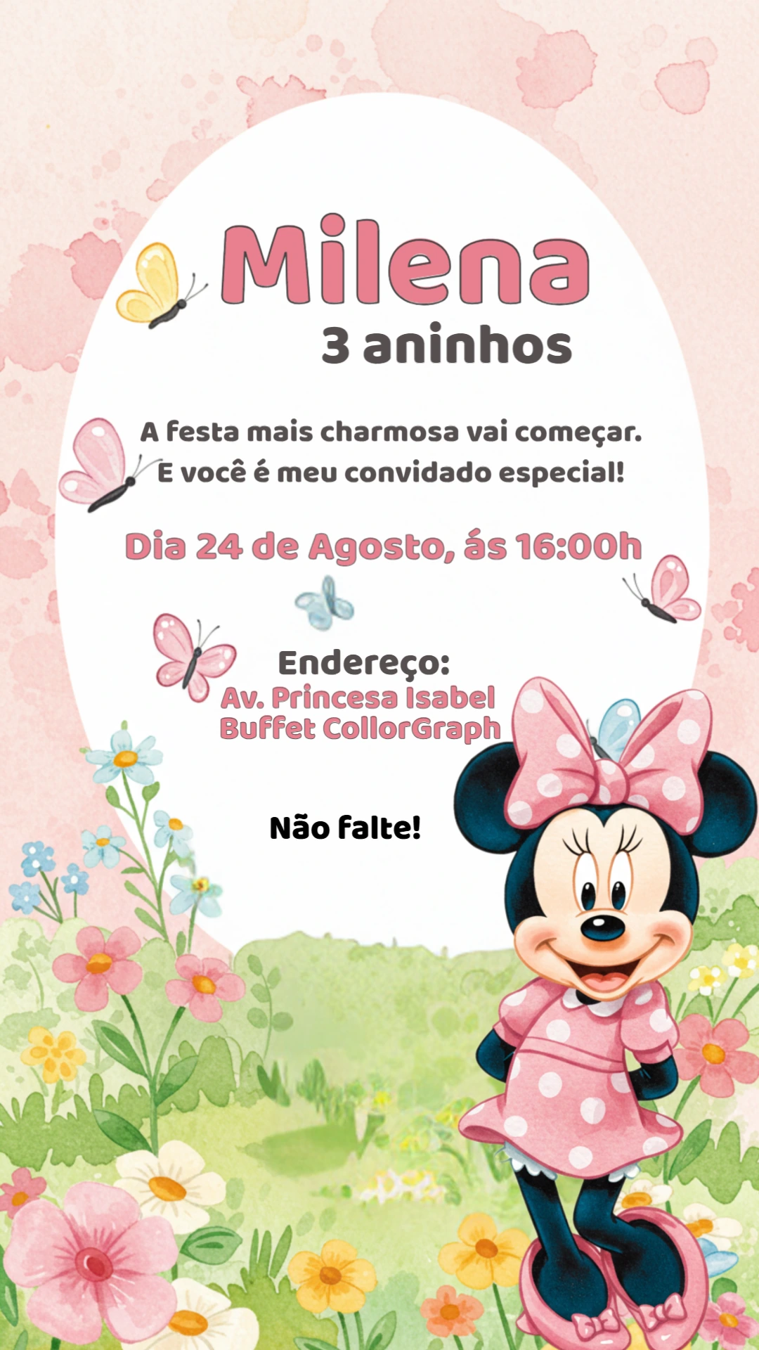 Convite Aniversário Minnie Rosa Jardim para Editar Online