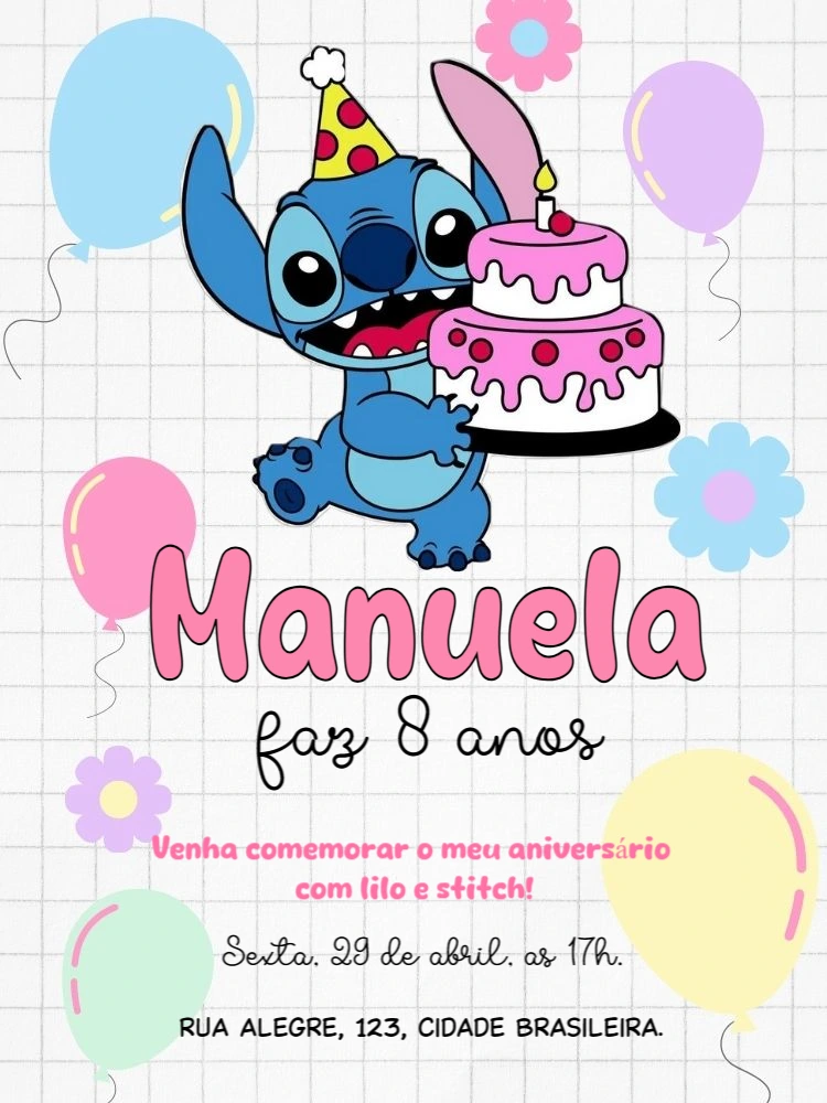 Convite de Aniversário Lilo e Stitch para Editar Online