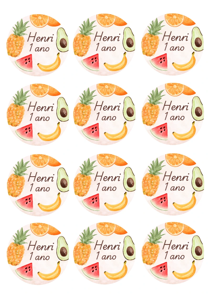Adesivo Redondo Festa Frutinhas Aquarela para Editar Online