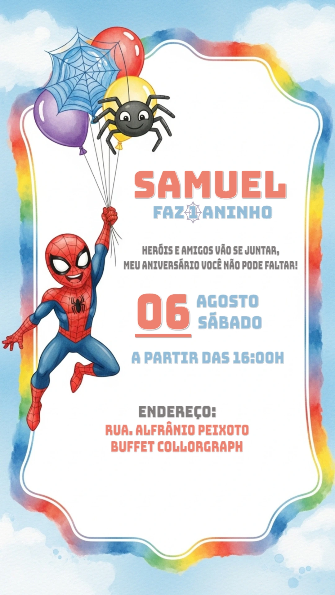 Convite Aniversário Homem Aranha Aquarela para Editar Online