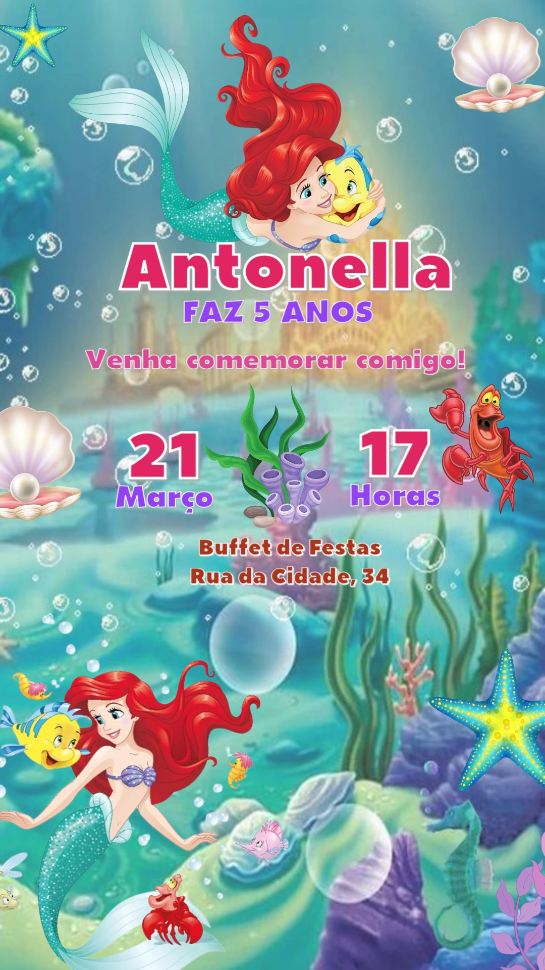Convite Aniversário A Pequena Sereia Ariel para Editar Online