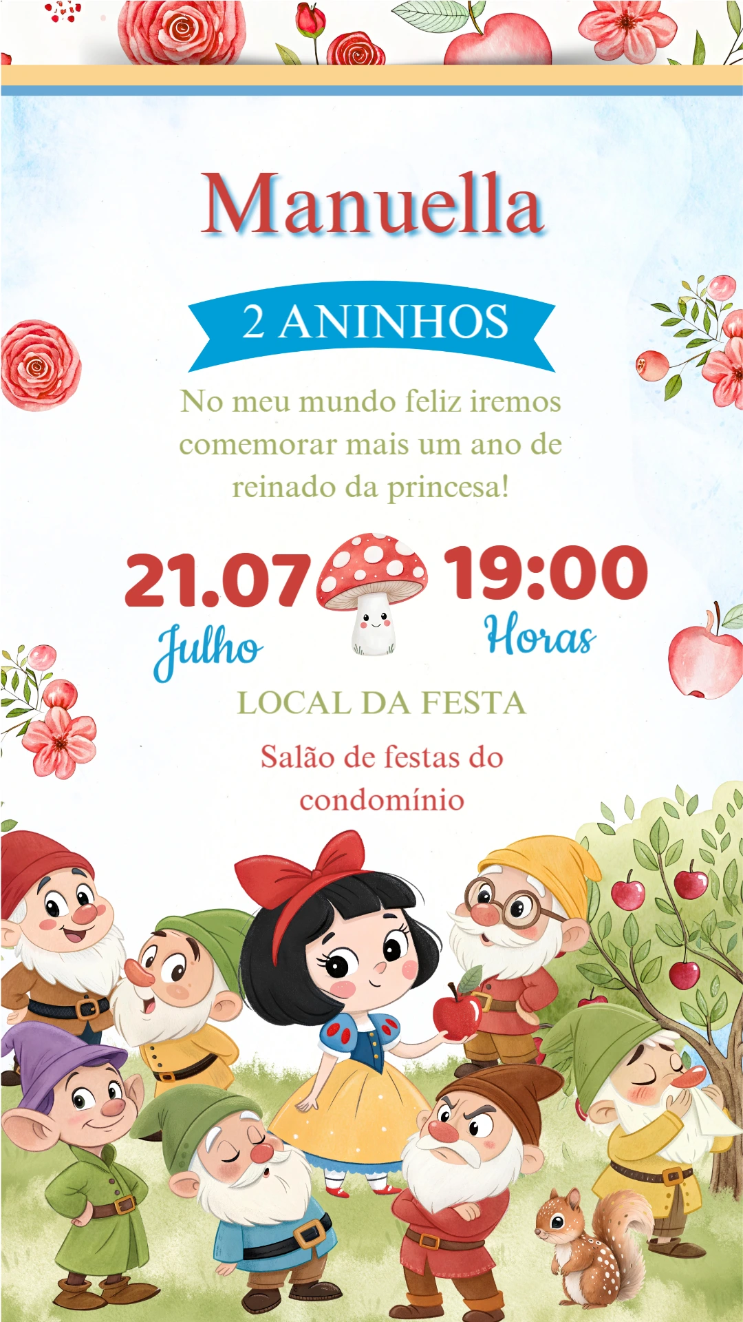 Convite Aniversário Branca de Neve para Editar Online