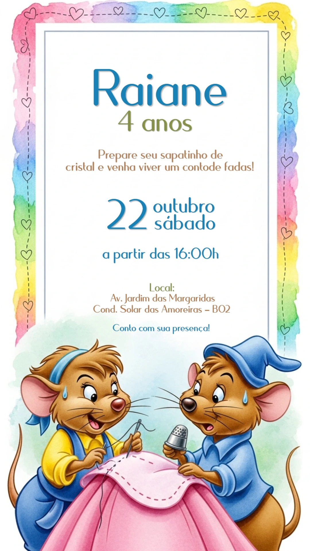 Convite Aniversário Cinderela com Ratinhos para Editar Online