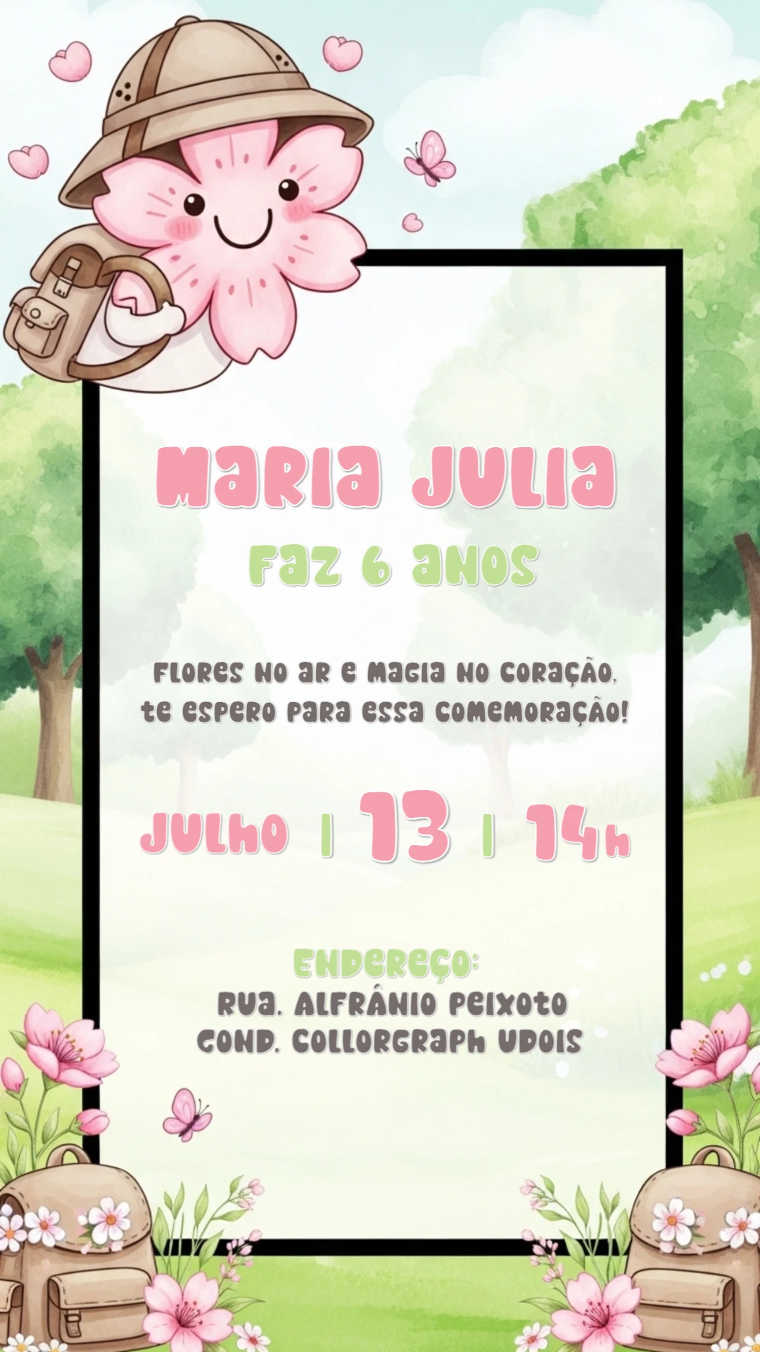Convite Aniversário Flor Aventureira para Editar Online