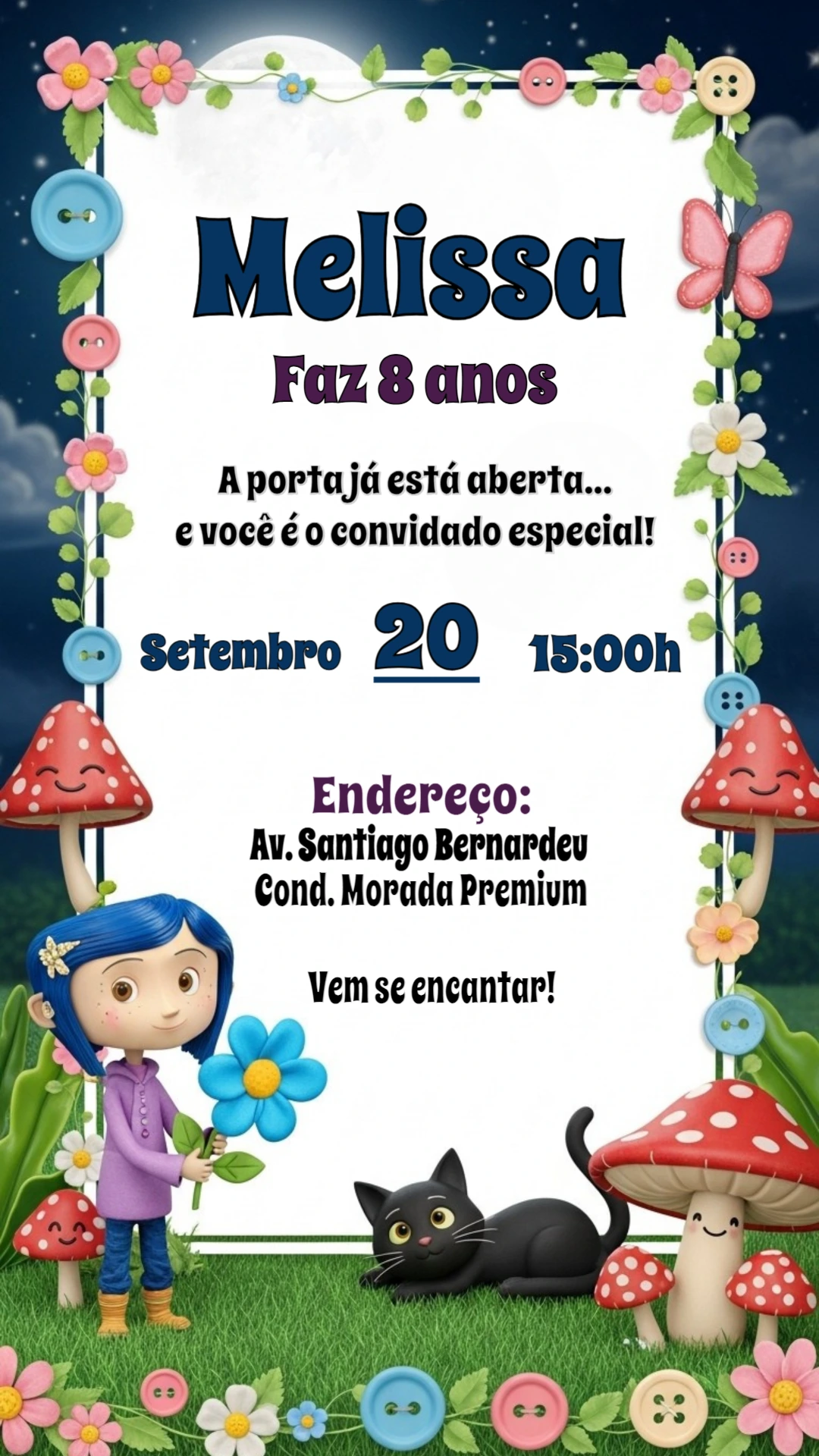 Convite de Aniversário Coraline com Personagens para Editar