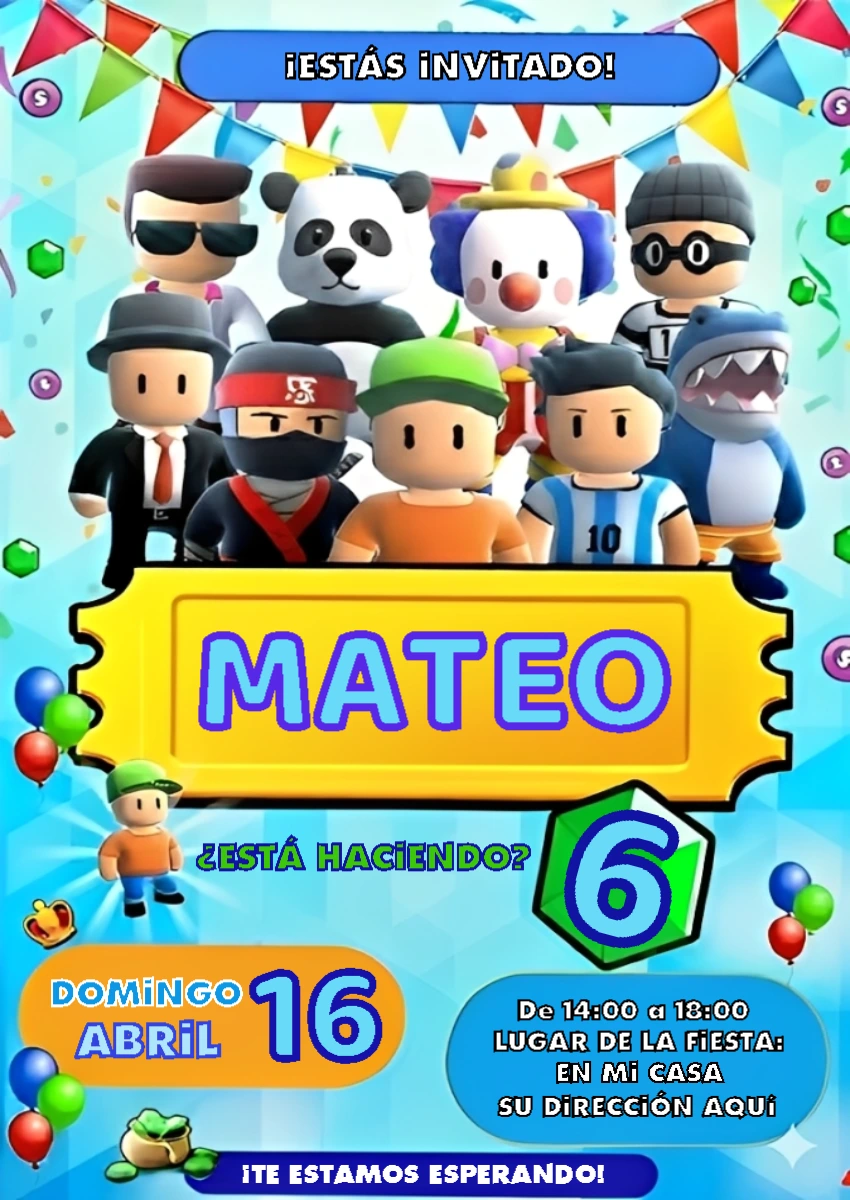 Invitación de Cumpleaños Stumble Guys para Editar Online